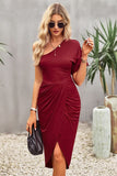 Ruched One-Shoulder Tulip Hem Dress - OmniGlitz 