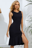 Decorative Button Split Ribbed Sleeveless Knit Dress - OmniGlitz 