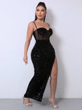 Sequin Spliced Mesh Adjustable Strap Dress - OmniGlitz 