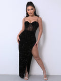 Sequin Spliced Mesh Adjustable Strap Dress - OmniGlitz 