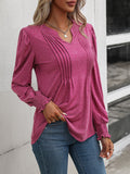 Ruched Notched Neck Puff Sleeve Smocked Wrist Blouse - OmniGlitz 