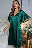 Satin Flutter Sleeve Side Slit V-Neck Night Dress - OmniGlitz 