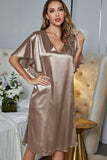 Satin Flutter Sleeve Side Slit V-Neck Night Dress - OmniGlitz 