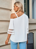 Asymmetrical Neck Sheer Striped Flare Sleeve Blouse - OmniGlitz 