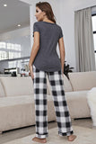 Curved Hem Short Sleeve Top and Plaid Pants Lounge Set - OmniGlitz 
