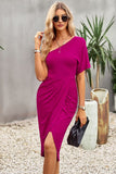 Ruched One-Shoulder Tulip Hem Dress - OmniGlitz 