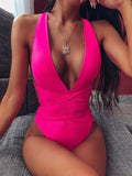 Halter Neck Deep V Tied One-Piece Swimsuit - OmniGlitz 