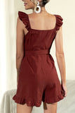 Tie Belt V-Neck Ruffled Romper - OmniGlitz 