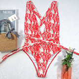 Halter Neck Deep V Tied One-Piece Swimsuit - OmniGlitz 