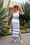 Striped Openwork Cropped Tank and Split Skirt Set - OmniGlitz 