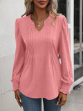Ruched Notched Neck Puff Sleeve Smocked Wrist Blouse - OmniGlitz 